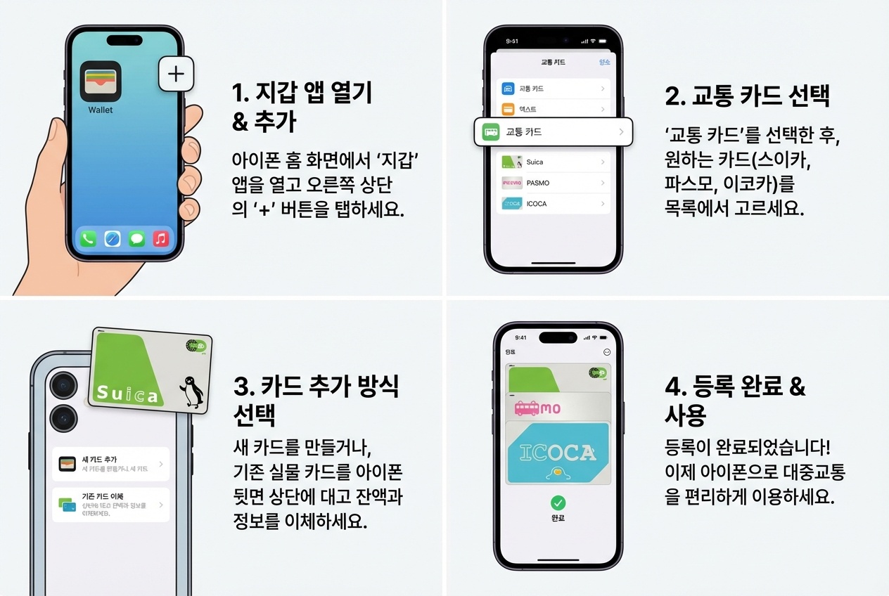 아이폰 지갑 앱에서 스이카 교통카드를 추가(등록)하는 화면