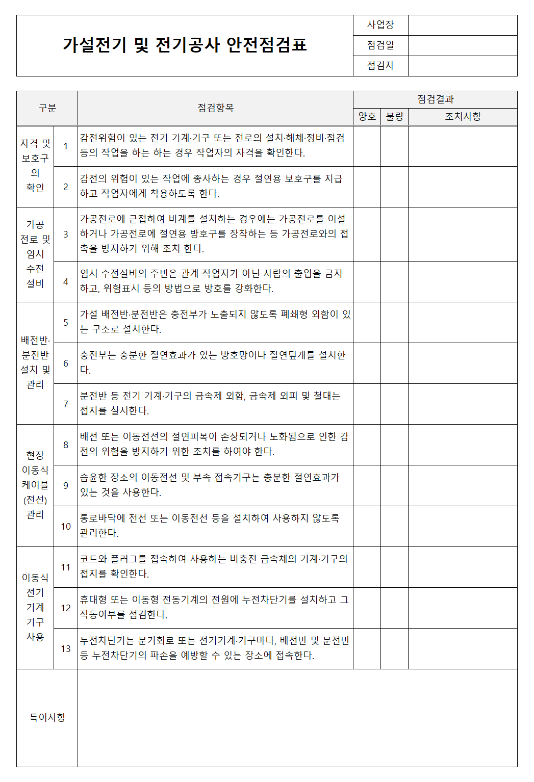 가설전기 및 전기공사 안전점검표
