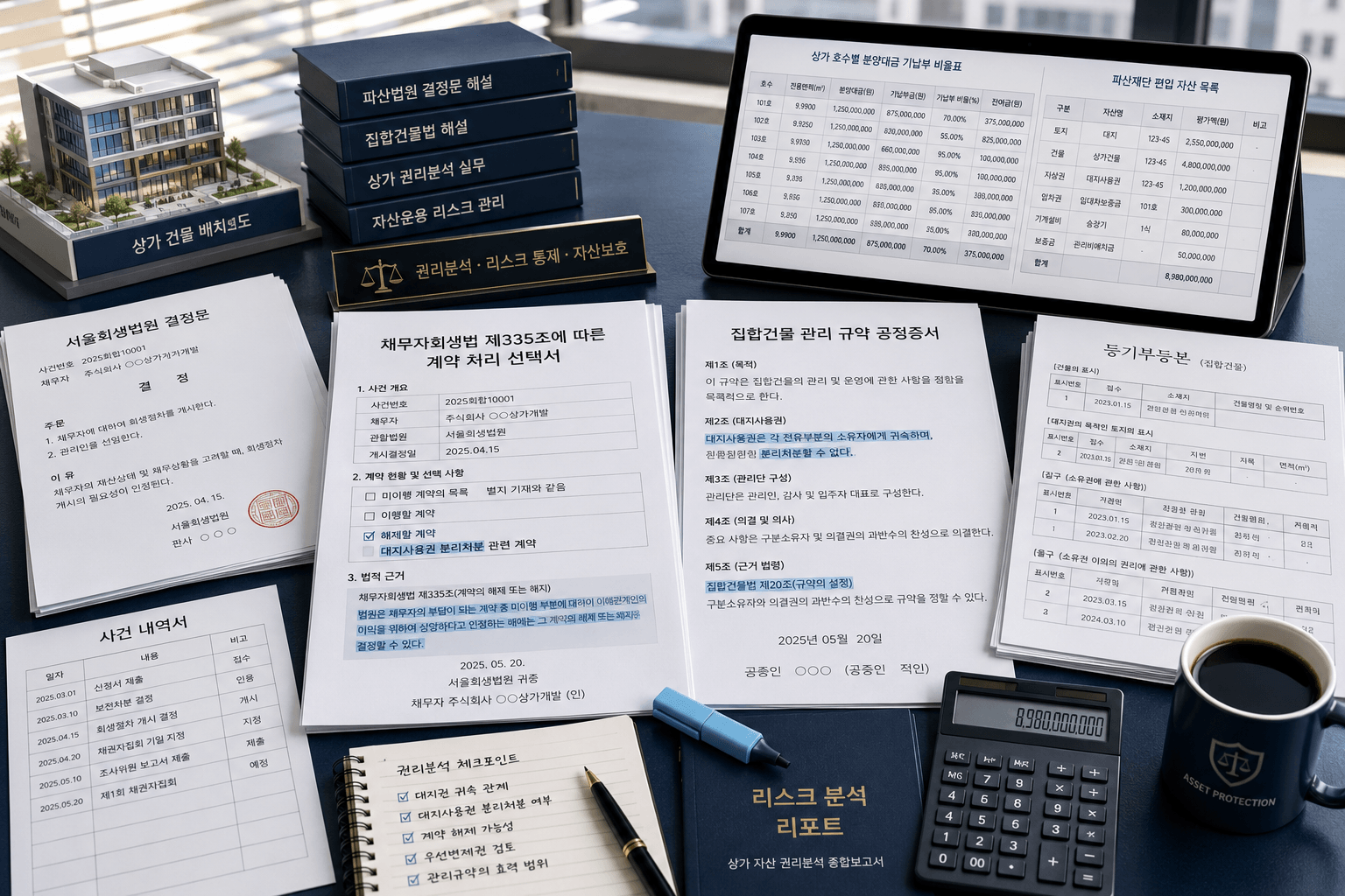 상가 건물의 배치도 및 등기부등본 원본 위에 파산법원의 결정문 서류와 사건 내역서가 겹쳐져 법리적 분기점을 정밀 분석하는 이미지