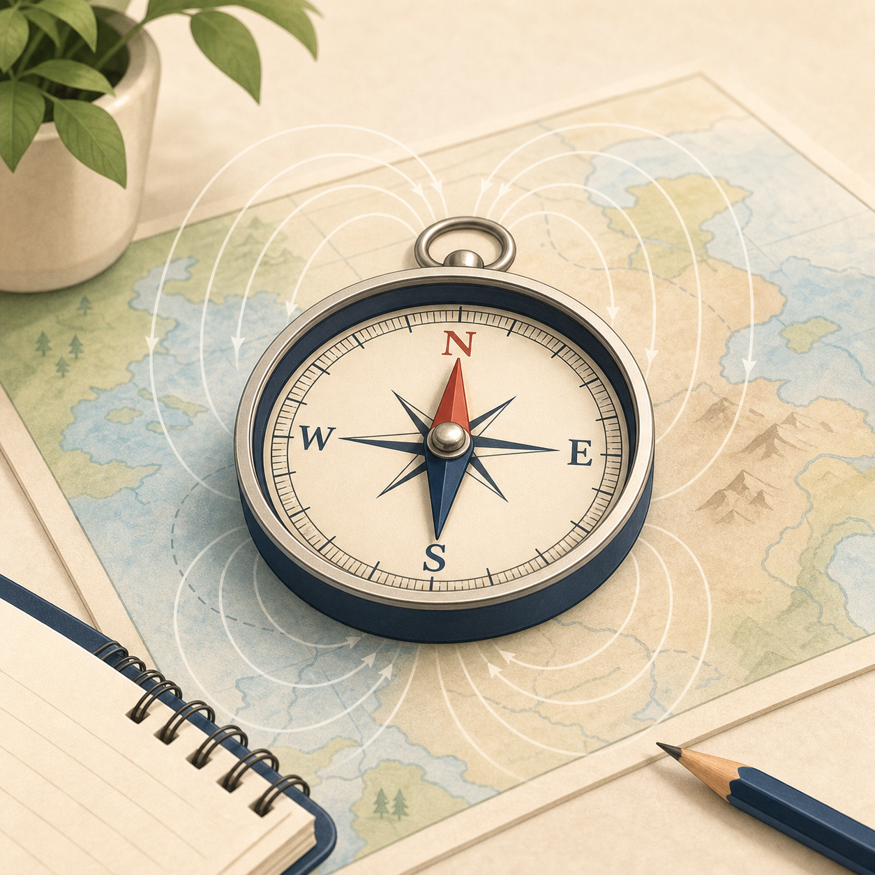 A simple compass pointing north in an educational science illustration