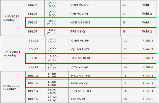 제 19회 항저우 아시안게임 야구 일정표