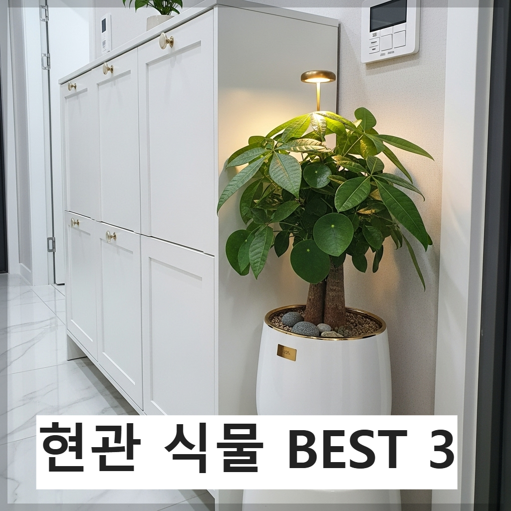 한국식 아파트 현관 입구에 놓인 하얀색 화분의 금전수가 싱싱한 초록 잎을 뽐내며 조명을 받고 있는 밝고 깨끗한 모습