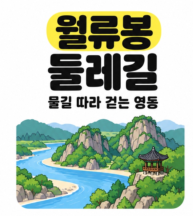 월류봉 둘레길과 물길 따라 걷는 영동이라는 제목 아래 바위 봉우리와 작은 정자 및 굽이치는 푸른 강물을 그린 대표 이미지