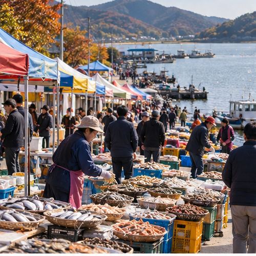 강경젓갈축제 금강 둔치 장터 장면을 설명하는 AI 이미지