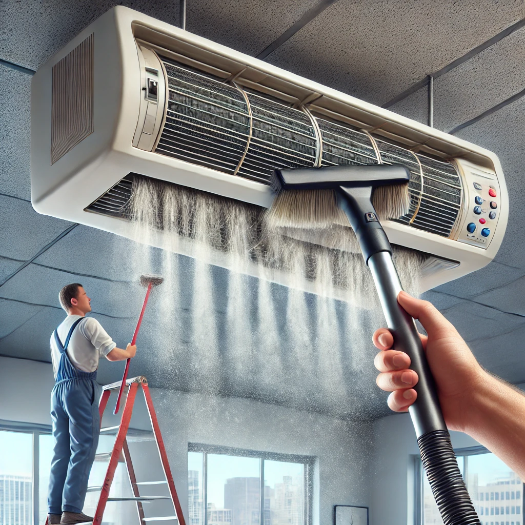 에어컨 실내기를 고압 세척하는 남성 작업자의 모습