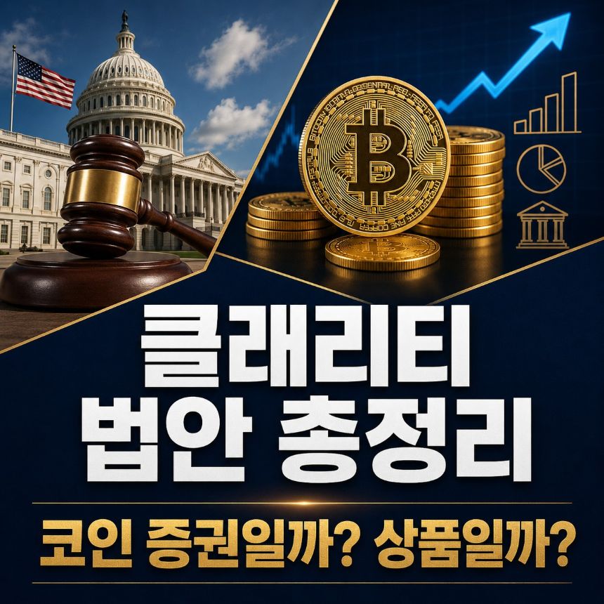 미국 국회의사당, 판사봉, 황금 비트코인 이미지가 담긴 금융 인포그래픽. '클래리티 법안 총정리 — 코인 증권일까? 상품일까?'라는 한국어 텍스트가 포함된 썸네일 이미지