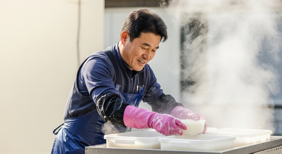 고온의 물로 쌀통 씻는 모습