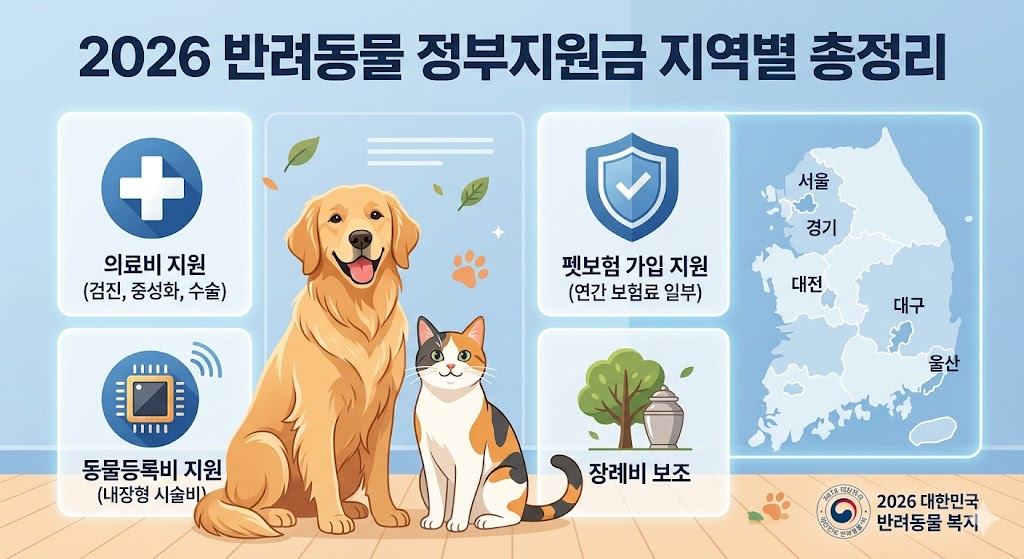 2026 반려동물 정부지원금 지역별 혜택 및 신청 방법 요약 그래픽
