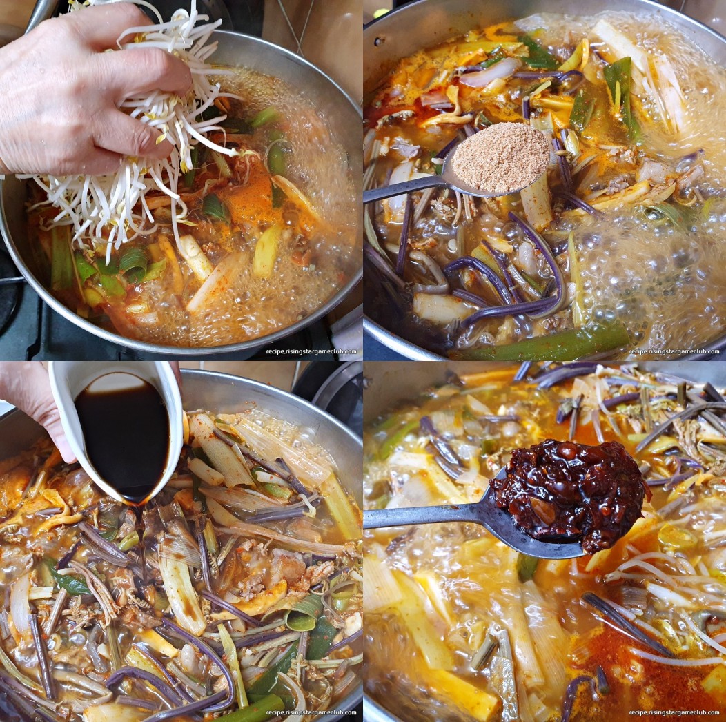 끓고 있는 육개장에 숙주 나물을 넣고 양념( 다시다, 액젓, 고추기름을 넣는 사진)