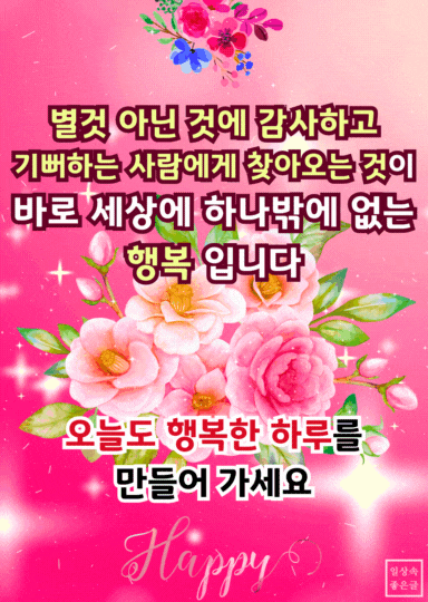 분홍 장미 꽃송이와 반짝이는 배경 위로 작은 행복에 감사하자는 문구가 적힌 따뜻한 메시지 이미지