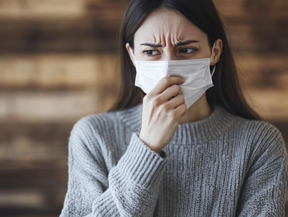 이 사진은 한 젊은 여성이 흰색 마스크를 착용한 채 불쾌한 냄새를 맡거나 답답함을 느끼는 모습을 담고 있습니다.
전체적으로 불쾌한 냄새, 공기 오염, 알레르기 또는 감기 증상과 관련된 분위기를 나타내는 이미지입니다.