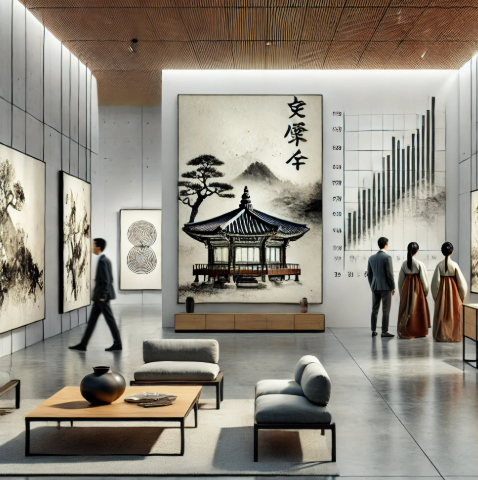 한국 미술품의 가치가 올라가는 상황을 나타내는 이미지입니다.