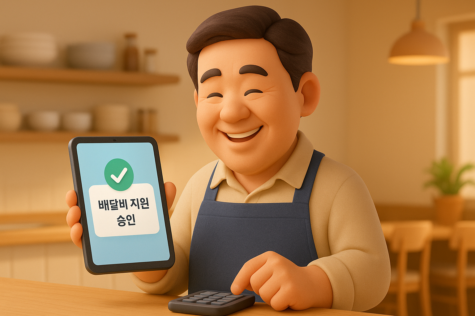 배달비 지원 승인 알림을 보고 기뻐하는 식당 사장님