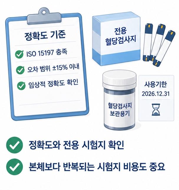 혈당측정기의 정확도 기준과 전용 시험지 비용 및 호환성을 확인하는 모습을 보여주는 이미지