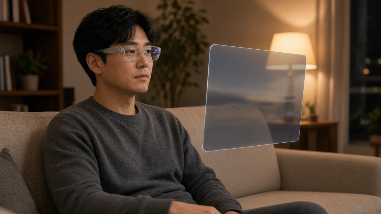거실 소파에 앉아 가벼운 XR 안경을 쓰고 허공의 가상 화면을 바라보는 30대 한국인 남성