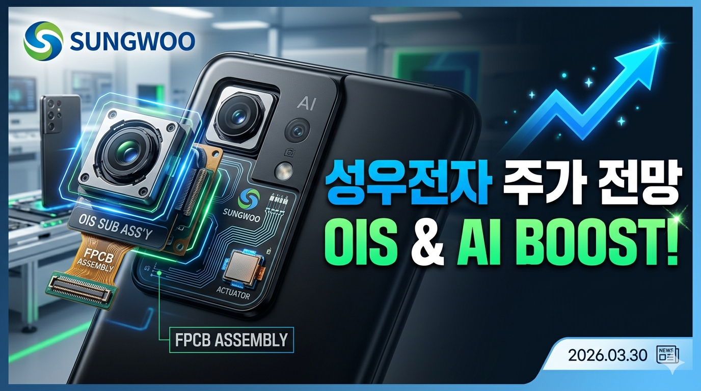 파란색 로고가 돋보이는 성우전자 본사 전경과 스마트폰 카메라 모듈 부품 이미지