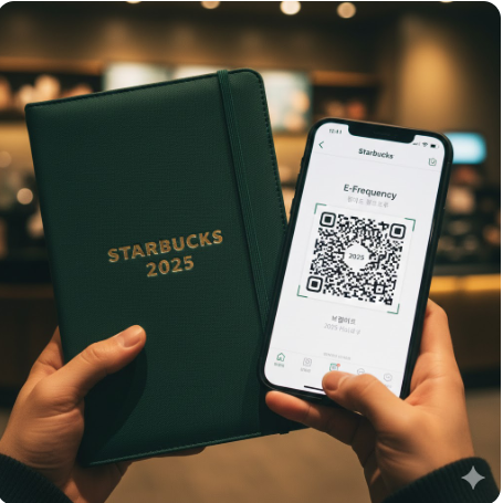 스타벅스 2025년 다이어리 표지와 E-프리퀀시 바코드 화면