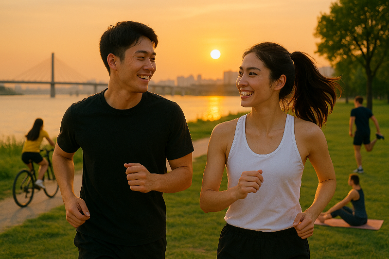 한강 공원, 일몰 시간대의 따뜻한 빛 아래에서 러닝하는 20대 남녀