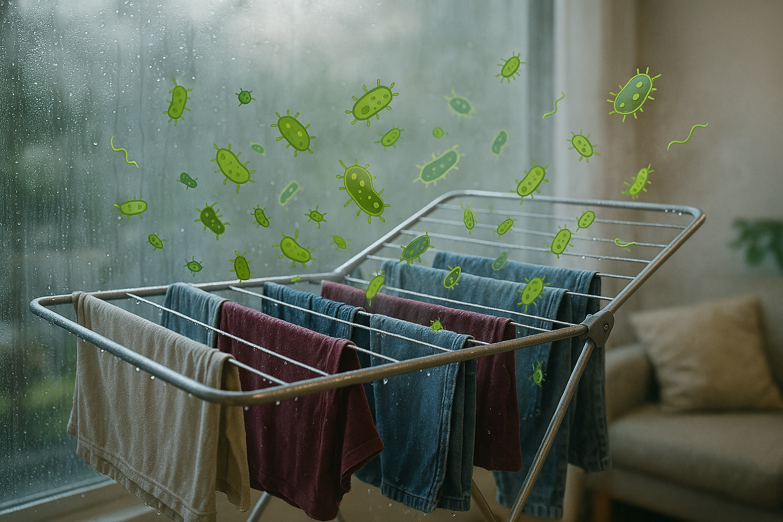 실내 젖은 상태로 건조대에서 빨래감을 말리는 모습과 박테리아 묘사