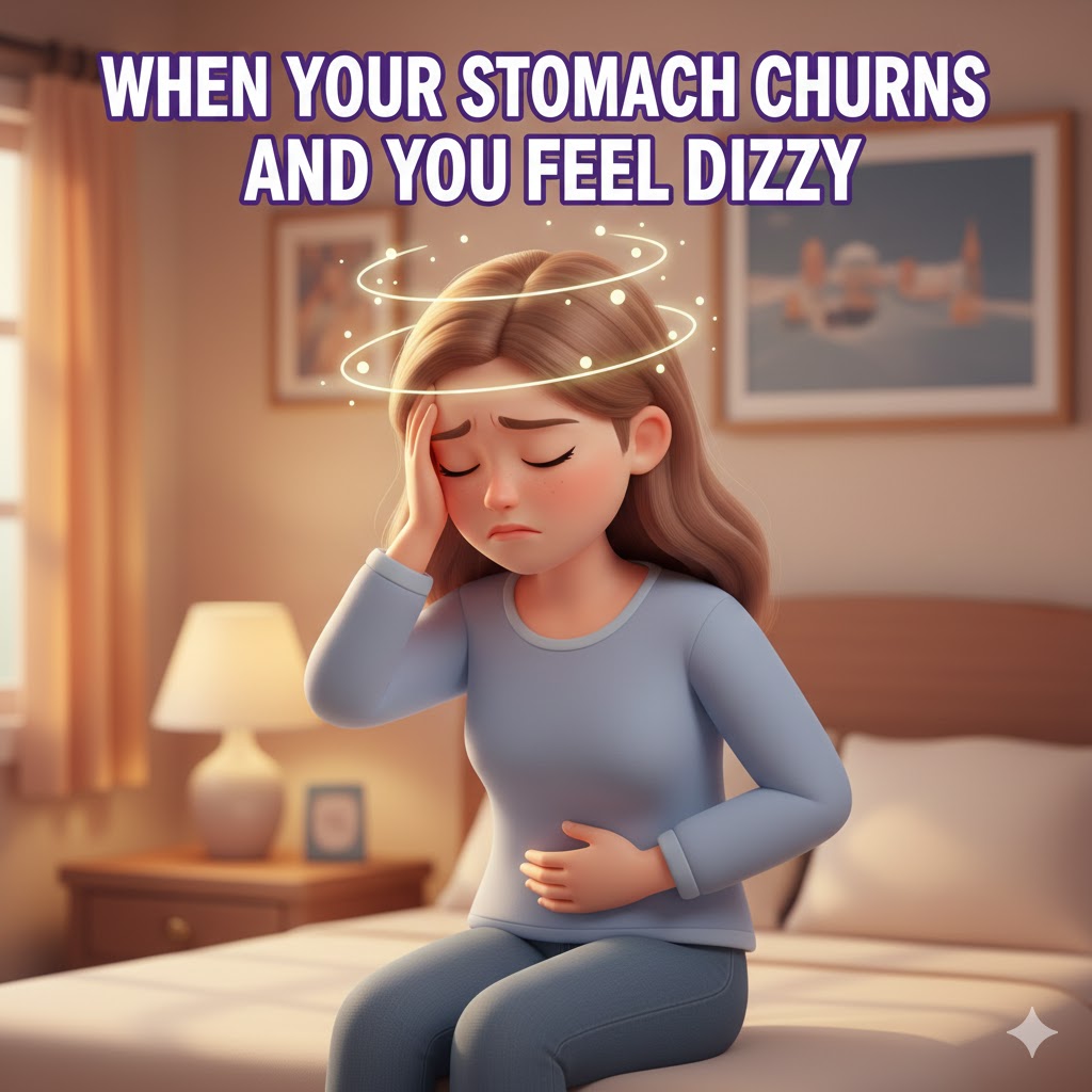 속이 울렁거리고 어지럼증을 느끼며 침대에 앉아 괴로워하는 사람의 3D 카툰 일러스트.