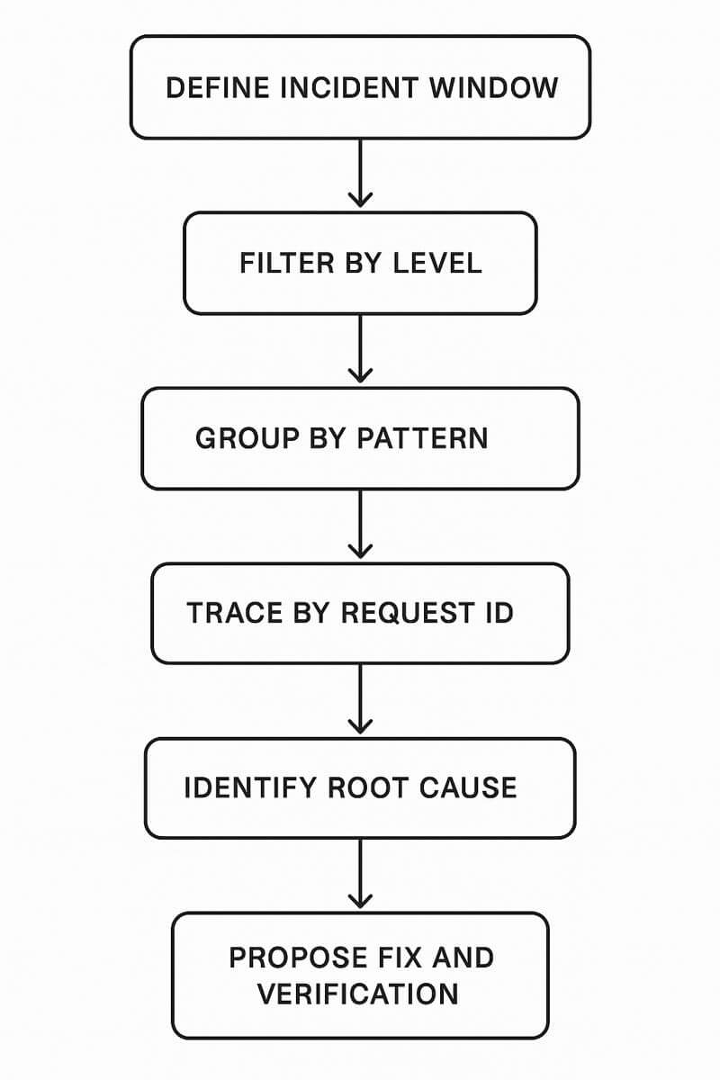 문제 발생 시각을 기준으로 로그를 필터링하고, 에러 패턴을 찾고, 요청 ID로 타임라인을 구성한 뒤 가설을 검증해 개선 포인트를 도출하는 단계별 흐름도