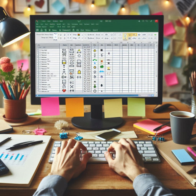 다양한 아이콘과 엑셀 표가 보이는 이미지입니다. 엑셀에서 아이콘을 다루고 있는 모습입니다.