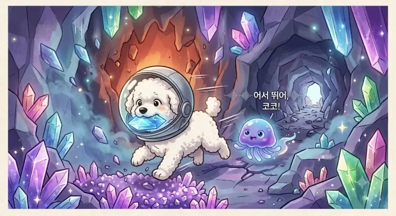 "원석을 얻는 순간 동굴이 흔들리자 원석을 입에 물고 젤리퐁과 함께 밖으로 다급하게 뛰어나오는 코코.동화책 풍 일러스트"