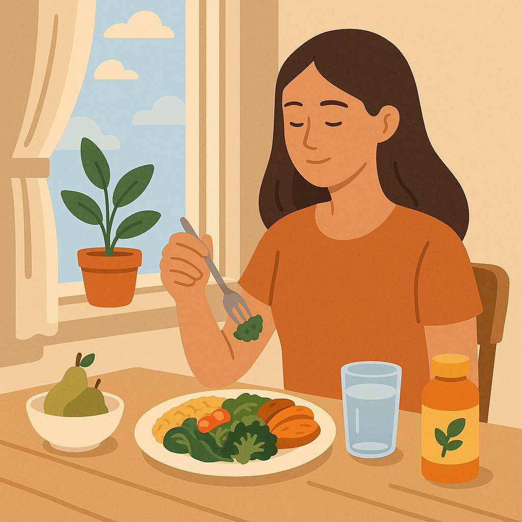 식이섬유가 풍부한 식단으로 장 건강을 관리하는 여성의 아침 식사 모습