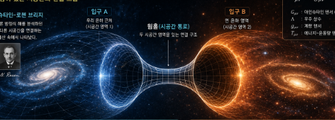 블랙홀 주변 시공간 곡률 속에서 웜홀 연결 통로와 양자 얽힘 구조를 표현한 이미지