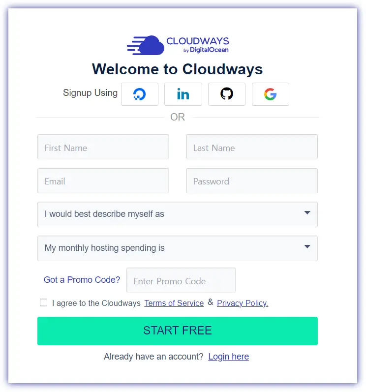클라우드웨이즈첫화면-웰컴투클라우드웨이즈-성-이름-이메일-비밀번호-프로모코드입력
