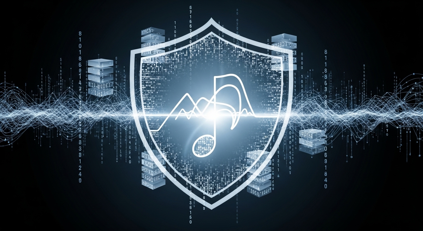 블록체인과 코드 라인이 예술 작품 주변을 감싸며 디지털 저작권 보호와 소유권을 상징하는 추상적인 이미지입니다.