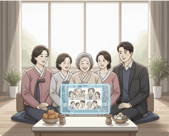 낮은 상 위에 과일과 떡이 놓여 있고, 중앙에는 가족사진이 담긴 추모 영상 이 재생되는 홀로그램 스크린이 떠있는 이미지