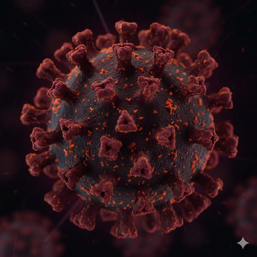 현미경으로 수천 배 확대된 고병원성 AI 바이러스의 모습을 그려주세요. 붉은색, 주황색, 검은색 등의 대비되는 색상을 사용하여 위협적이고 치명적인 느낌을 강조합니다. 뾰족하거나 불규칙한 표면 구조를 사실적으로 묘사하고, 배경은 어둡고 흐릿하게 처리하여 바이러스 자체에 집중하도록 합니다. 디지털 아트나 3D 렌더링 스타일로 현대적이고 전문적인 느낌을 살립니다.