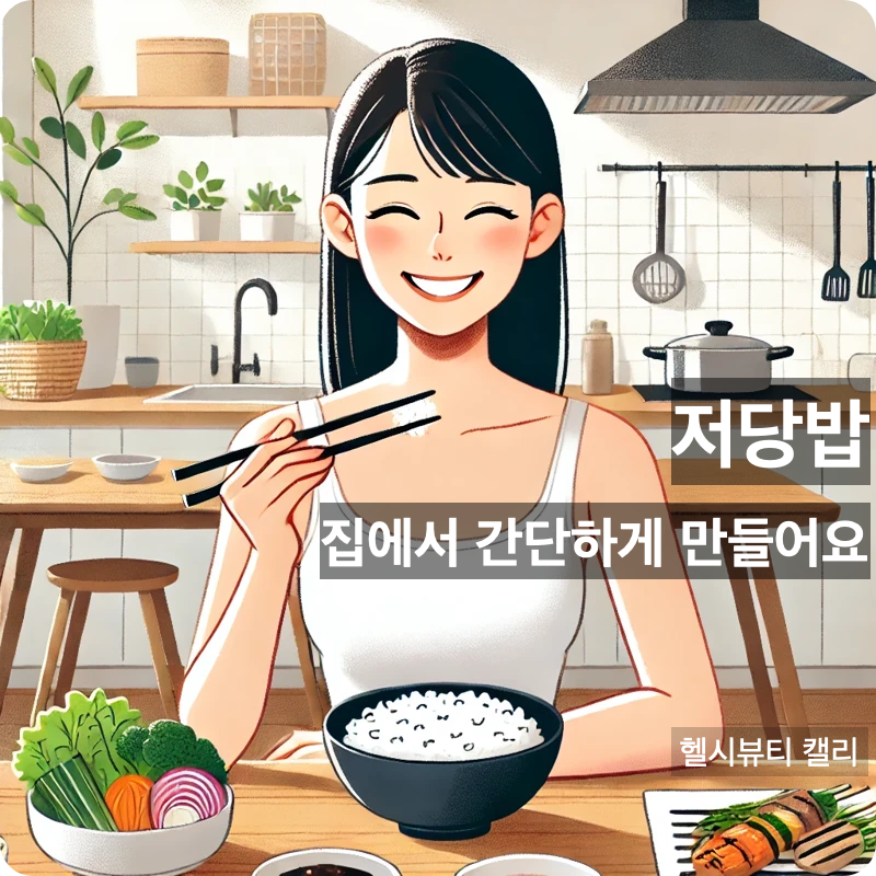 저당밥을 건강하게 즐기는 30대 한국 여성의 밝은 식사 장면