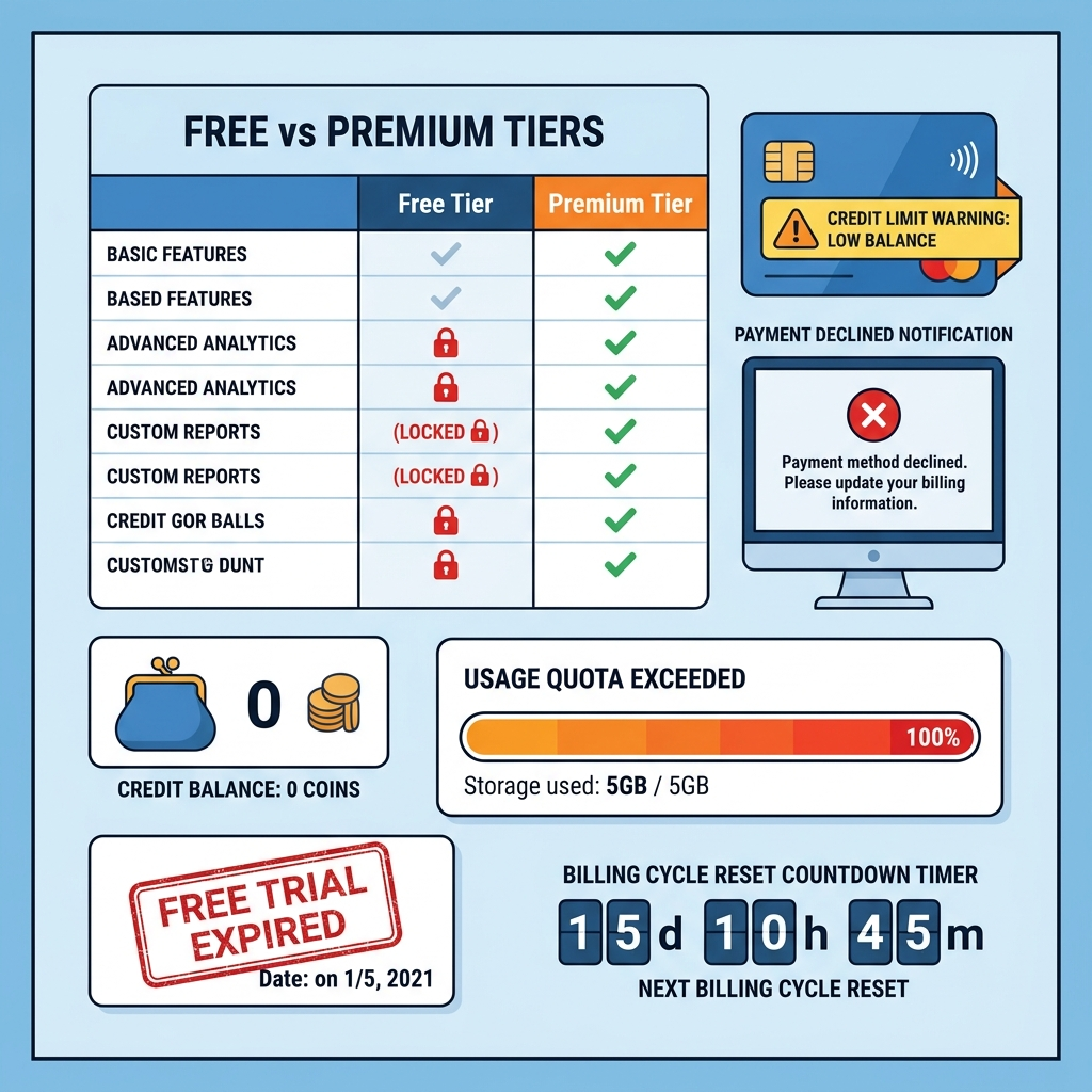 AI 이미지 생성 안될 때 무료 사용량 초과와 크레딧 부족 문제 설명