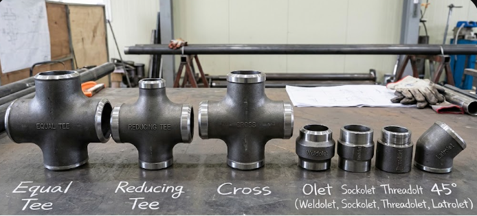 Equal Tee 및 Reducing Tee, 십자형 Cross, 그리고 다양한 Olet(Weldolet, Sockolet, Threadolet, Latrolet) 등 산업 배관 분기용 피팅 자재들을 비교한 현장 실물 사진