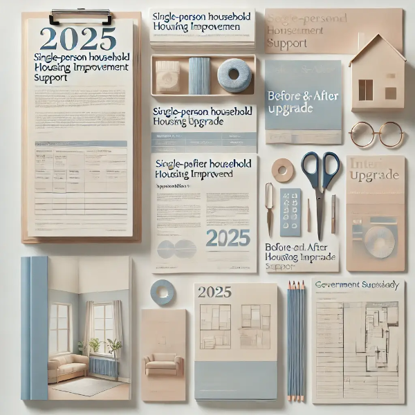 하얀 배경 위에 정리된 2025년 1인 가구 주거환경 개선 신청서, 전후 비교 도면, 리모델링 아이템, 정부 지원 브로슈어의 전문 스튜디오 촬영 사진