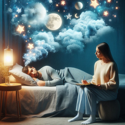 사람들이 침대에서 꿈을 꾸고 있으며, 꿈 속에서 하늘과 별이 떠 있는 장면입니다.