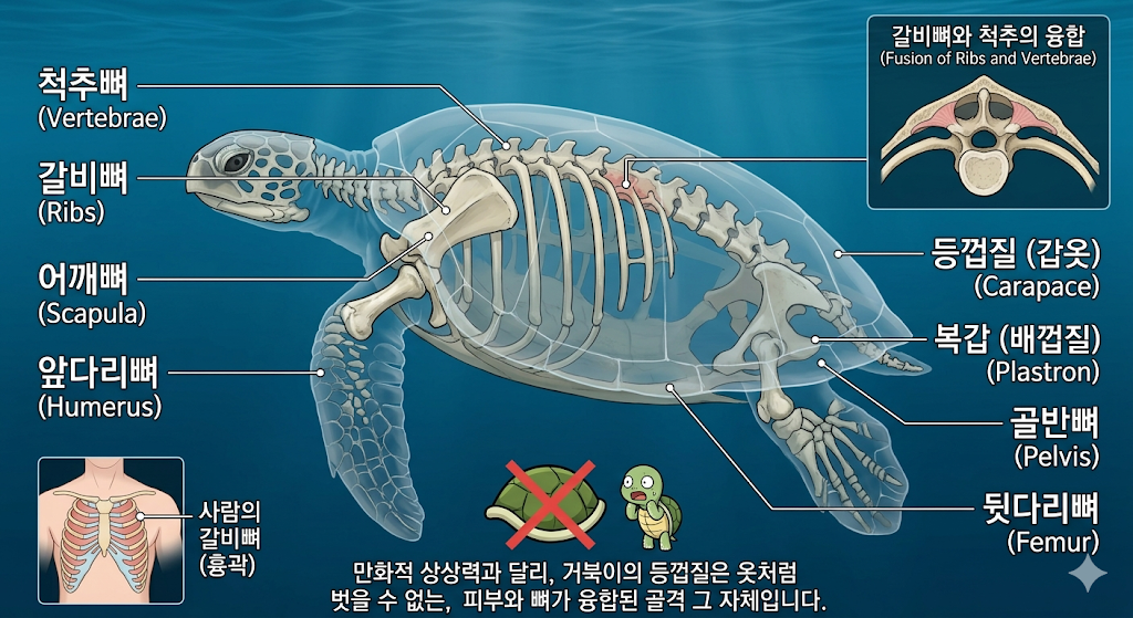 거북이 등껍질의 정체는 갈비뼈입니다. 해부학적으로 그려낸 이미지입니다.