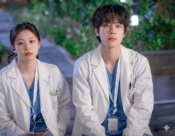 병원 야외 벤치에 나란히 앉아 생각에 잠긴 남녀 전공의의 모습