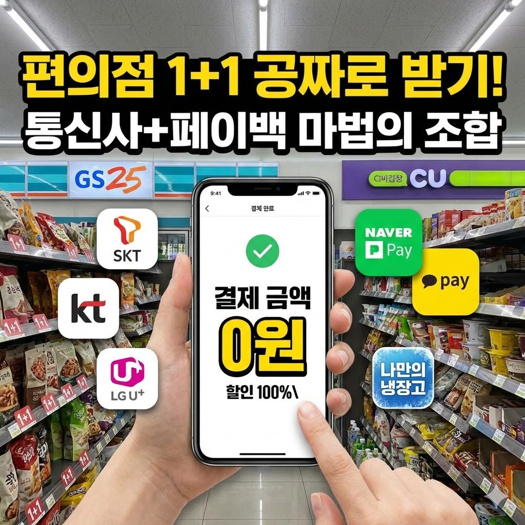 GS25와 CU 편의점에서 1+1 상품을 0원에 결제하는 방법을 안내하는 인포그래픽 이미지