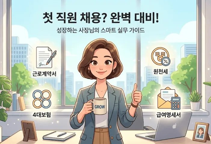 '첫 직원 채용? 완벽 대비! 성장하는 사장님의 스마트 실무 가이드'라는 텍스트와 함께, 여유롭게 웃고 있는 사장님 일러스트. 주변에 근로계약서, 4대보험, 원천세, 급여명세서를 상징하는 아이콘이 배치되어 있어 신규 채용 시 필수 행정 절차를 시각적으로 보여주는 블로그 대표 이미지.