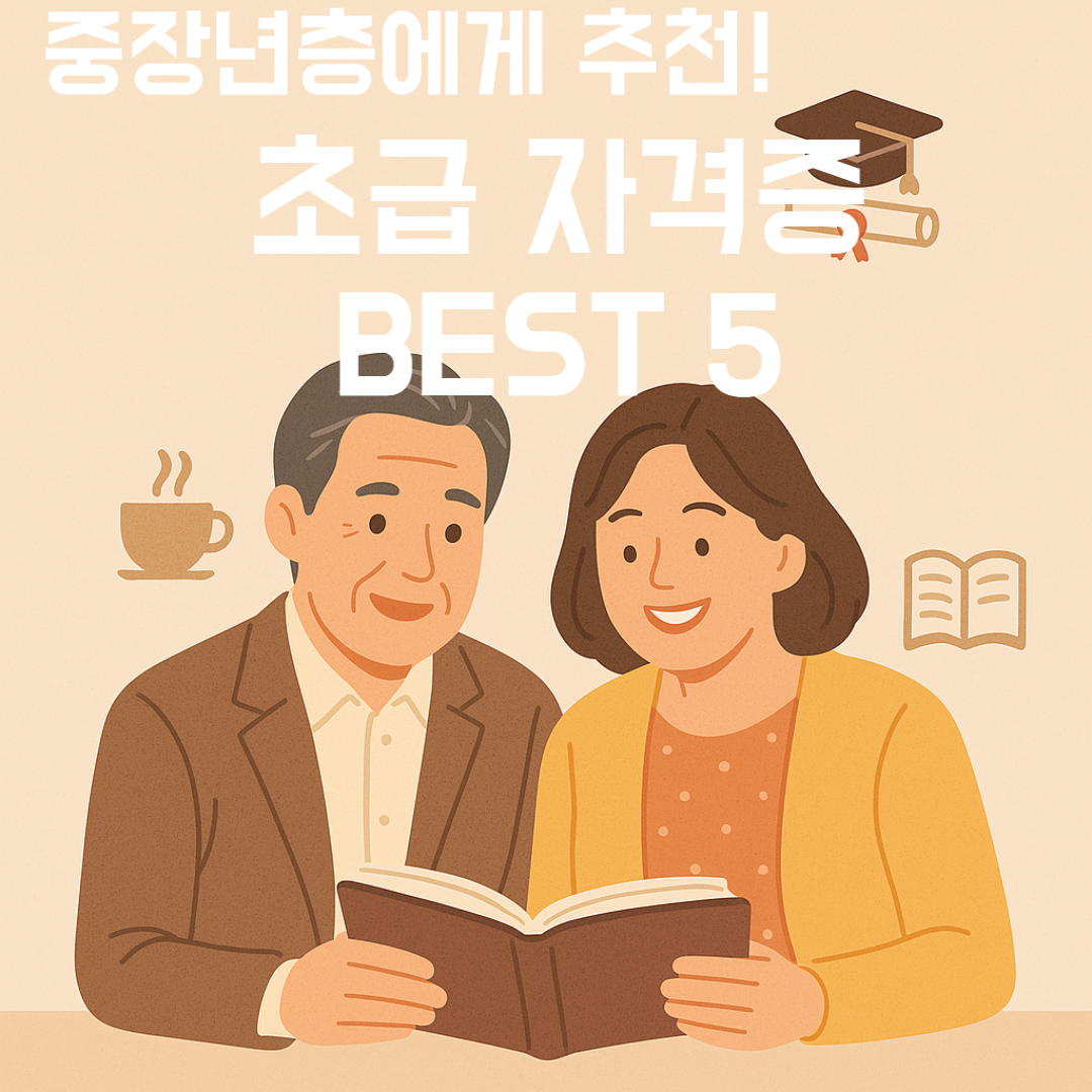 책을 함께 읽고 있는 중장년 부부의 따뜻한 일러스트 이미지로, 중장년층을 위한 초급 자격증 추천 콘텐츠의 대표 이미지