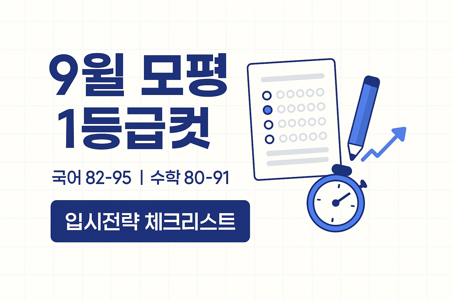 9월 모의평가 1등급컷을 알리는 한국어 썸네일로, “9월 모평 1등급컷 · 국어 82–95 ❘ 수학 80–91 · 입시전략 체크리스트” 문구와 답안지·연필·스톱워치 아이콘이 배치된 미니멀한 평면 일러스트.