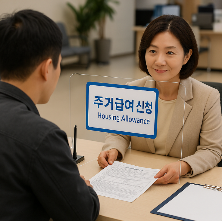 주민센터 접수 창구에서 주거급여 서류를 검토하는 공무원의 모습