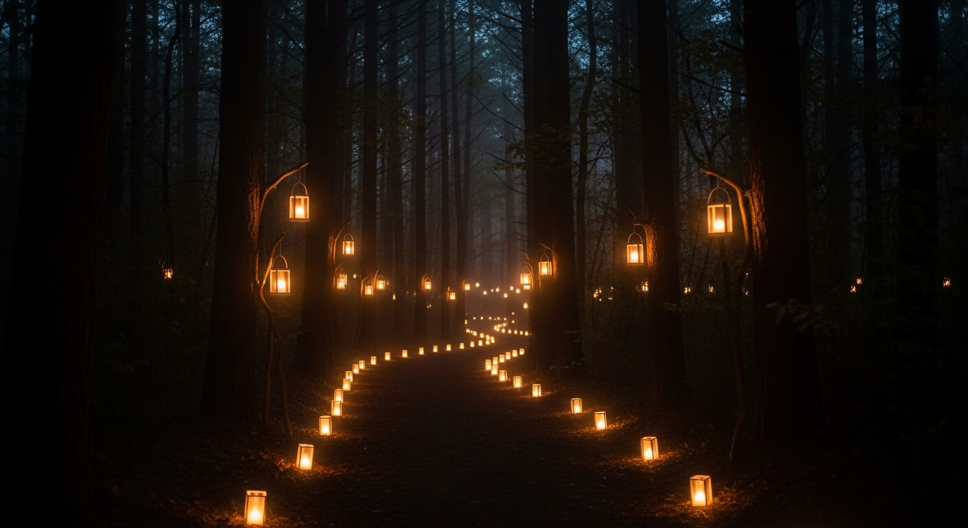 어두운 숲길을 따라 이어진 등불 장식 길