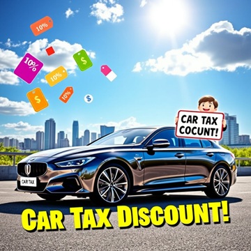 자동차가 보이고 화면 하단에 영어로 자동차세 할인이라고 되어있음