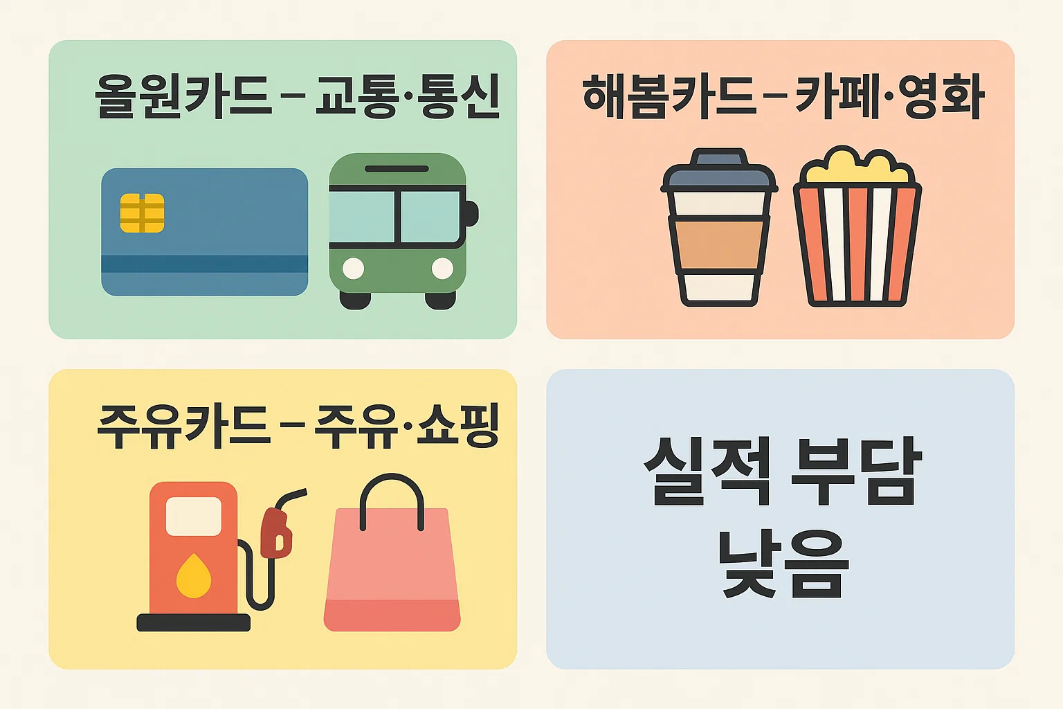 올원카드, 해봄카드, 주유카드 등 대표적인 농협 신용카드의 교통&middot;통신&middot;카페&middot;영화&middot;주유&middot;쇼핑 혜택을 한눈에 볼 수 있는 비교 인포그래픽. 실적 부담이 낮은 카드 선택 기준을 시각화한 2025년 NH카드 요약표.