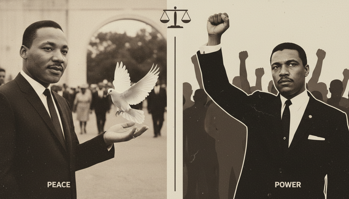 마틴 루터 킹의 평화의 비둘기와 말콤 엑스의 힘찬 주먹을 대비시킨 이미지