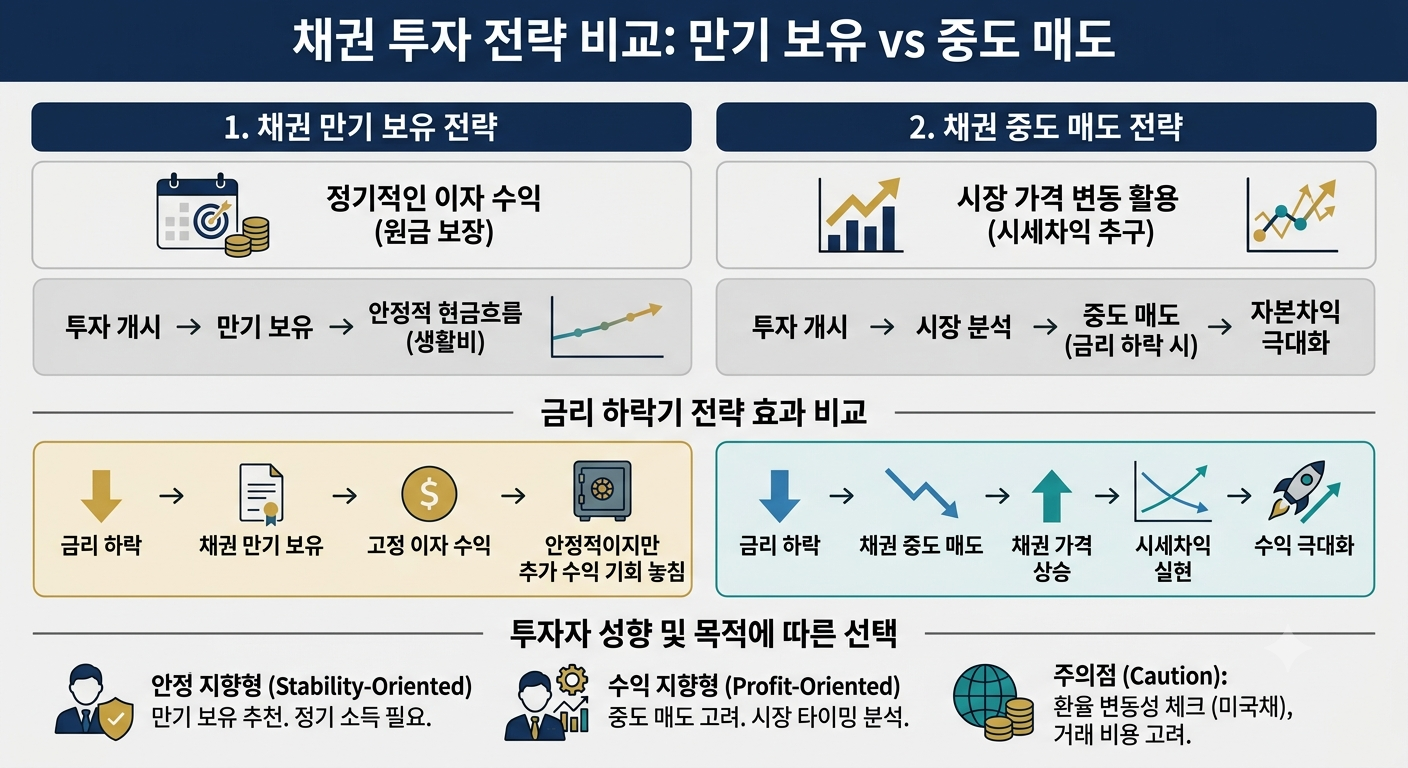 채권 투자 핵심 전략 만기 보유와 중도 매도 비교 인포그래픽
